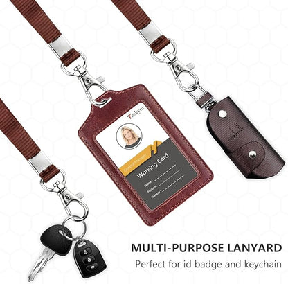 Teskyer 2 Pack of Double Sided Clear Badge Holder with Lanyard, PU Leather ID Badge Name Card Holder with Stainless Steel J-Hook Nylon Lanyard for Work ID, School ID, Metro Card, Access Card, Brown
