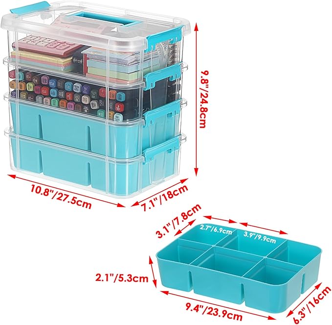 JUXYES 4-Tiers Stack Carry Storage Box With 2 Divided Tray, Transparent Stackable Storage Bin With Handle Lid Latching Storage Container for School & Office Supplies, Blue