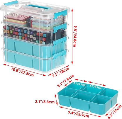 JUXYES 4-Tiers Stack Carry Storage Box With 2 Divided Tray, Transparent Stackable Storage Bin With Handle Lid Latching Storage Container for School & Office Supplies, Blue