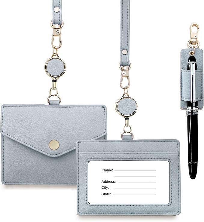 Office Badge Holder - Boshiho Genuine Leather Credit ID Card Holder with Stretch Neck Lanyard and Pen Clip (Horizontal-Grey)