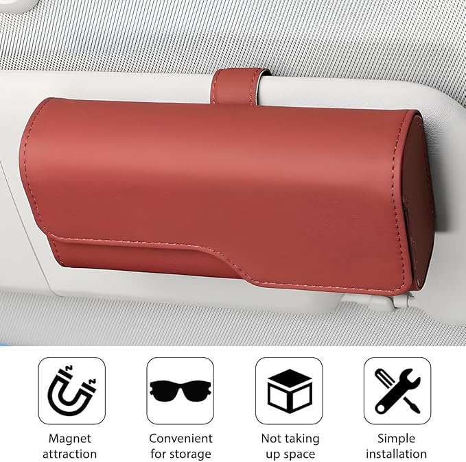 Zpana Sunglass Holder for Car Visor, Leather Auto Eyeglasses Sun Visor Organizer Case with Hidden Magnetic Closure, Auto Protective Glasses Storage Box, Universal for SUV RV Truck (Red)