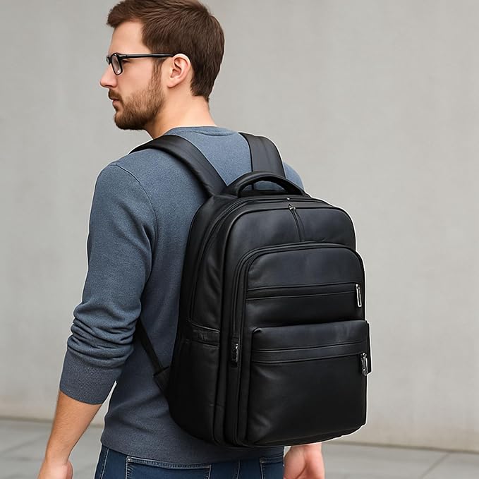 Vintage Leather Backpack for Men 16" Laptop Bag for work Casual Daypack Business Travel Rucksack Waterproof (Deep Black)