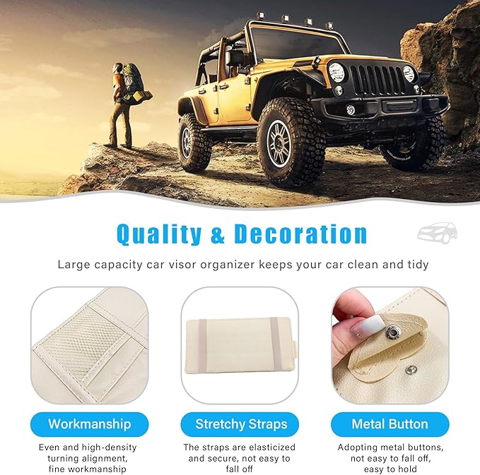 Augeny Car Sun Visor Organizer, Leather Personal Belonging Storage Pouch with Zipper, Car Visor Storage Pouch Sunglasses Holder, Auto Interior Accessories Pocket Organizers (Beige)