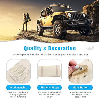 Augeny Car Sun Visor Organizer, Leather Personal Belonging Storage Pouch with Zipper, Car Visor Storage Pouch Sunglasses Holder, Auto Interior Accessories Pocket Organizers (Beige)