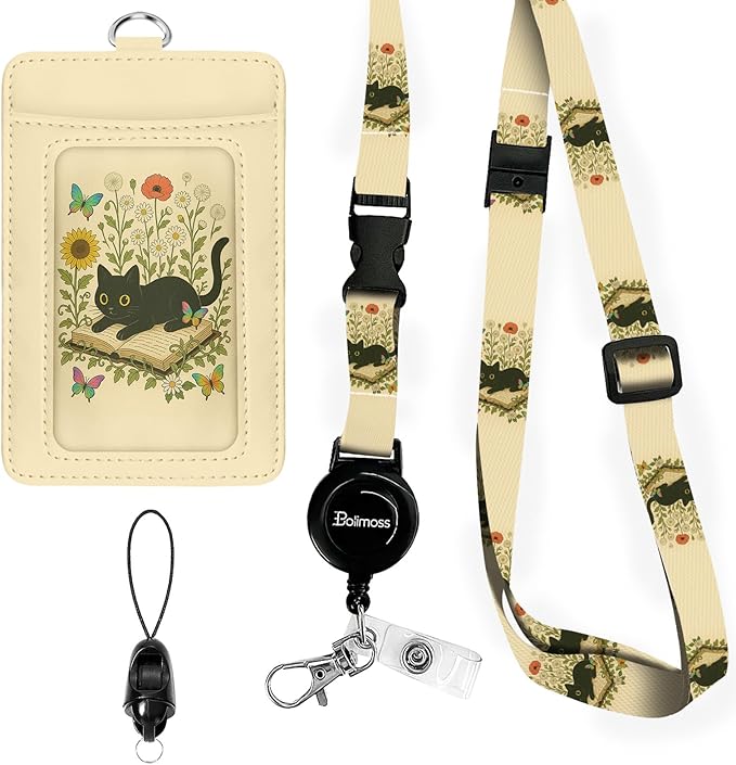 bolimoss Book Cat ID Card Holder with Detachable Neck Lanyard, PU Leather ID Name Badge Card Holder with Retractable Badge Reels, Cute Adjustable Lanyard with Safety Quick Release Buckles for Teacher
