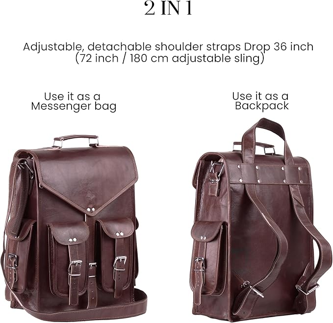 Handmade World Convertible Leather Laptop Backpack for Men – 17 Inch Business Travel Bag, 2-in-1 Messenger & Backpack, Full Grain Leather Work Bag, Carry On Professional Office Bag (12" x 16")