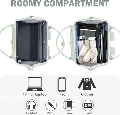 EMPSIGN 17 Inch Laptop Backpack for Women, Work Business Travel Computer College Bags, Large Capacity Water-repellent Quilted Casual Daypack, Beige-Light Green