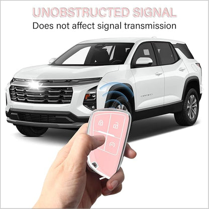 QBUC for Chevy Key Fob Cover with Keychain Soft TPU Protection Case Compatible with 2021-2026 Chevy Colorado Equinox Silverado GMC Canyon Sierra Terrain 4-Buttons(Chrome Trim Pink)