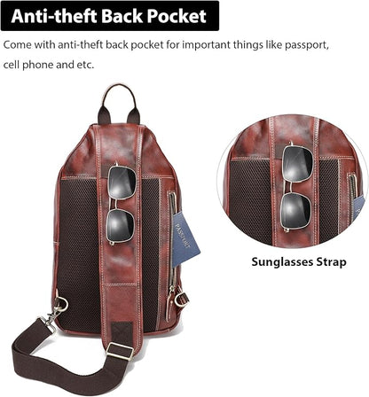 LANNSYNE Full Grain Leather Casual Sling Bag For Men Hiking/Travel/Business Crossbody Chest Bag Fits 12.9" iPad