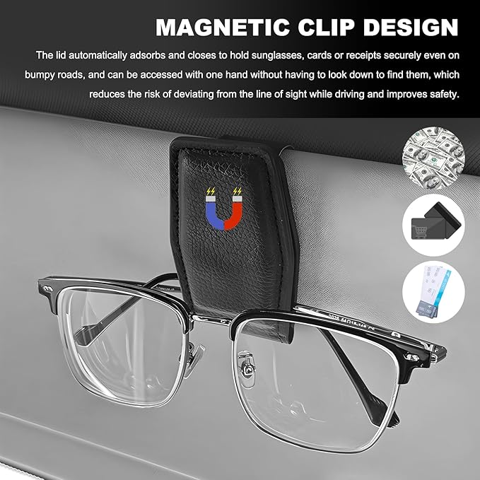2PCS Sunglasses Holders for Car Sun Visor, Magnetic Leather Auto Visor Glasses Organizer Ticket Card Clip, Universal Eyeglasses Hanger Mounter for Most Cars, Trucks, SUVs (Gray)