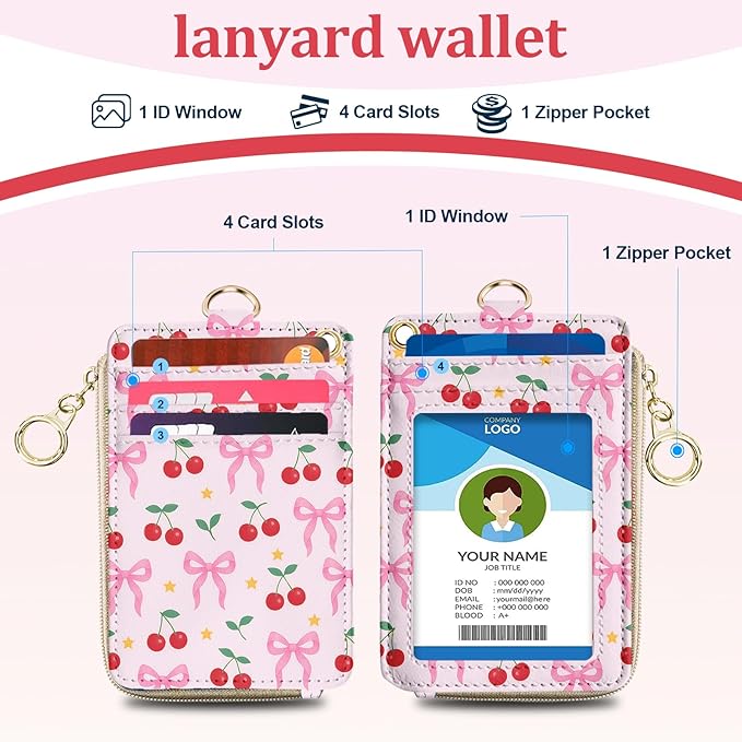 Lanyards for ID Badges, PU Leather Lanyard Wallet, RFID Blocking, ID Badge Holder with Zipper Pocket Detachable Phone Lanyard Keychain Wristlet for Teacher Nurse Office- Bow Cherry
