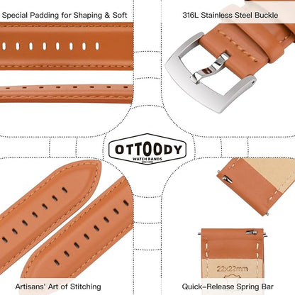 OTTOODY Leather Watch Bands Quick Release, Elegant Top Grain Leather Watch Straps for Men & Women, Choice of Color & Width - 18mm, 19mm, 20mm, 21mm or 22mm Wristbands Bracelet for Watch & Smartwatch