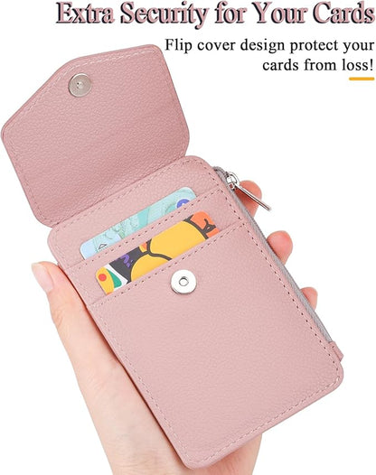 Teskyer Badge Holder with Side Zip Pocket, Multiple Card Slots Leather ID Holder Wallet with Neck Lanyard for Office Staffs, Teachers/Students, Workers, Cruise Cards, Bus/Metro Cards, Lichee Dark Pink