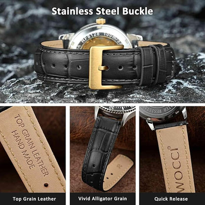 WOCCI Watch Bands, Top Grain Leather, Embossed Alligator Grain, Quick Release, Band Width 18mm 20mm 22mm
