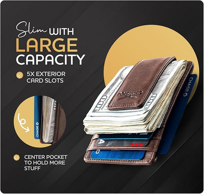 Claasico Men’s Leather Money Clip Wallet – Slim Front Pocket Wallet w/Super Strong Magnetic Clip, RFID Blocking, 5 Card Slots & Center Pocket + ID Window