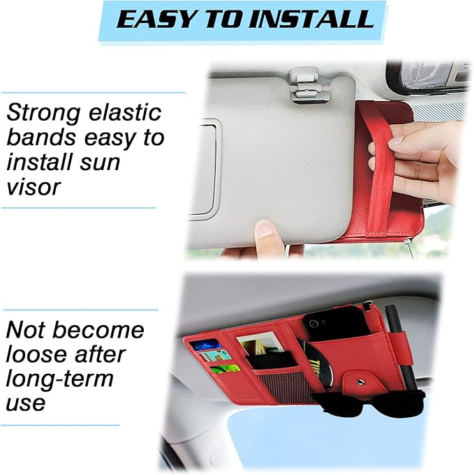 Car Sun Visor Organizer, Leather Pocket Organizer Sunglass Holder for Car Interior Accessories with Multi-Pocket Net Zipper (Red)