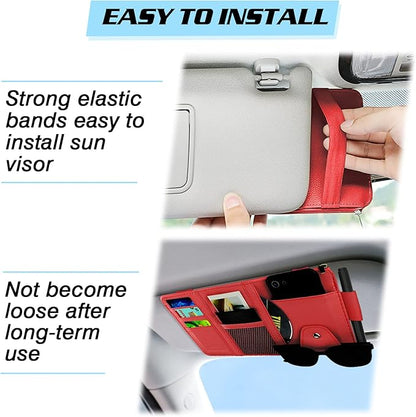 Car Sun Visor Organizer, Leather Pocket Organizer Sunglass Holder for Car Interior Accessories with Multi-Pocket Net Zipper (Red)