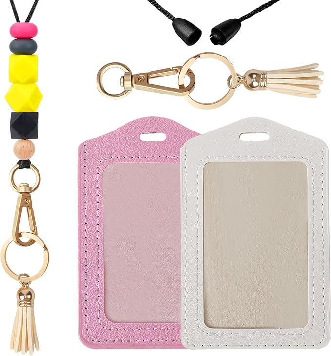 Teacher Lanyards for ID Badges - Teacher Lanyard with ID Holder, Silicone Beaded Breakaway Leather Tassel Keychain Accessories, Appreciation Gifts for Women Employee(Pink Beige)