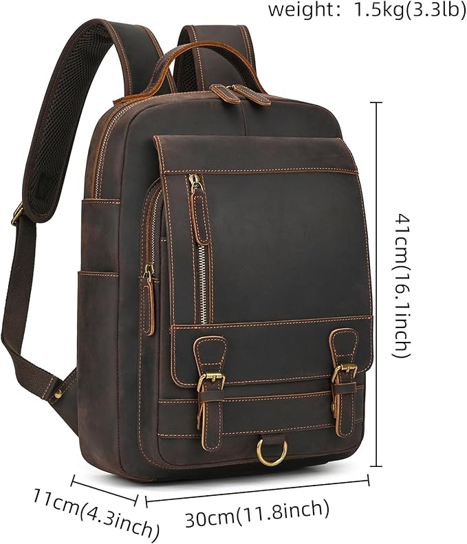 Vintage Full Grain Leather Backpack for Men, 16" Laptop Rucksack For Men Hiking Trave Work Business Bag, 1829 Dark Brown