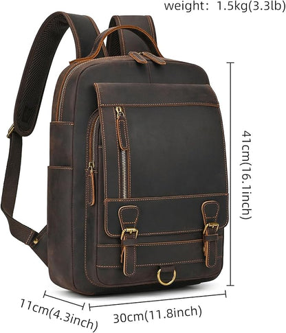 Vintage Full Grain Leather Backpack for Men, 16" Laptop Rucksack For Men Hiking Trave Work Business Bag, 1829 Dark Brown