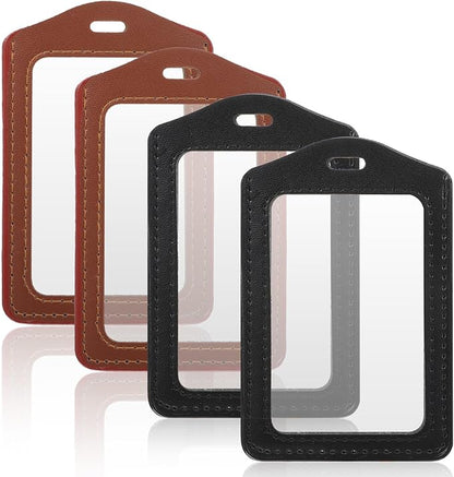 Yuanchu 4 Pcs Leather ID Badge Holders, Vertical Double-Sided Clear Card Holders Waterproof Name Badge Reel for Office Staff Employees ID Credit Cards(Black, Brown)