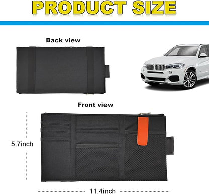 povtii Car Sun Visor Organizer, Oxford Cloth Sun Visor Multi-Pocket Storage Holder with Zipper, Auto Visor Storage Net Pouch for Card Note Phone Registration, Car Accessories (Black)