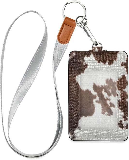 Badge Holder, Western Cow Skin Texture PU Leather School College Business ID Badge Card Holder Wallet Case with 1 Clear Window, 2 Credit Card Slots and Detachable Neck Lanyard - Vertical