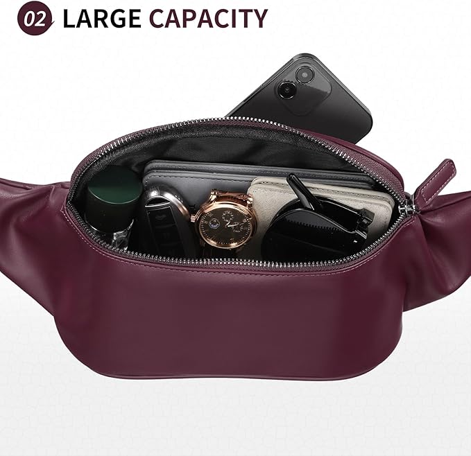 Faux Leather Belt Bag for Men, Crossbody Sling Bag with Adjustable Strap, Back Zipper Pocket, Large Capacity Waist Pack for Travel, Work, Every, Purple