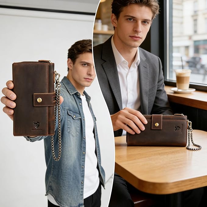 Genuine Crazy Horse Leather Travel Gift Coin Pocket Card Case Long Organizer Chain Rfid Wallet Purse With Snap For Men Male 1803 1815 (W-1819-Brown)