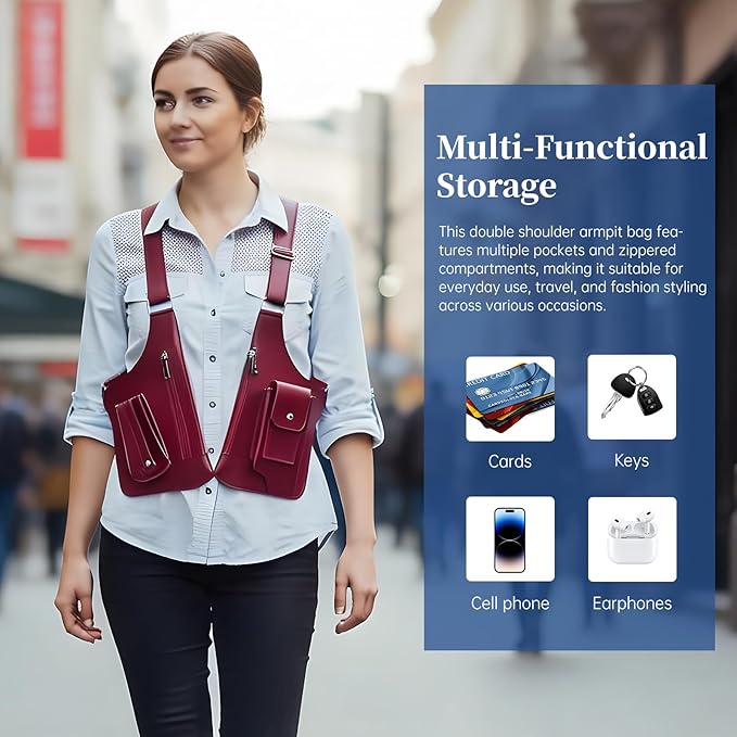 Double Shoulder Armpit Bag for Men, Anti-Theft Underarm Shoulder Holster Bag with Adjustable Strap, Hidden Phone Wallet Pocket for Travel & Daily Commute (Burgundy)