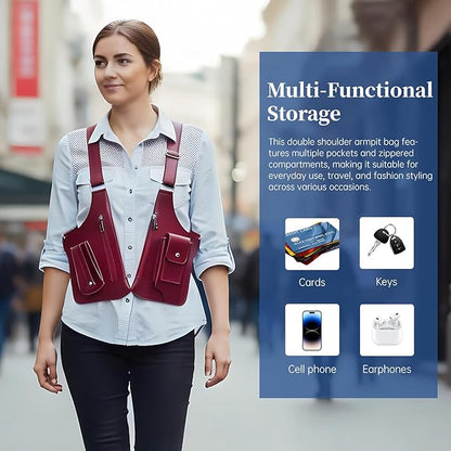 Double Shoulder Armpit Bag for Men, Anti-Theft Underarm Shoulder Holster Bag with Adjustable Strap, Hidden Phone Wallet Pocket for Travel & Daily Commute (Burgundy)