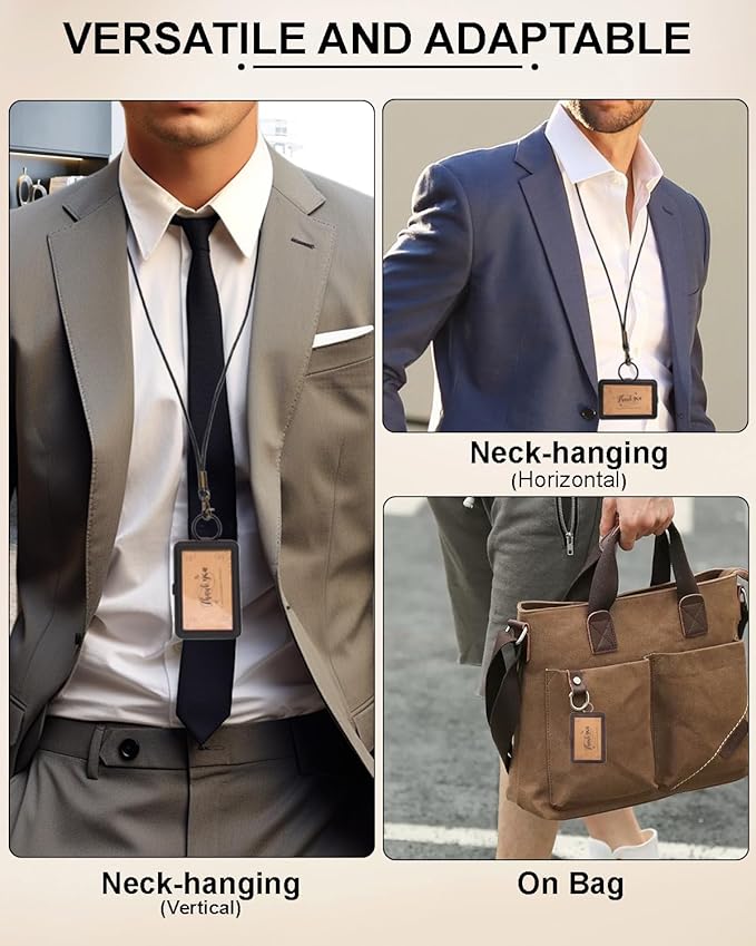 Genuine Badge Holder with Leather Lanyard, Soft Leather ID Card Holder with a Detachable Metal Clip, Clear Window, 2 Card Slots for Office & School IDs, Work Name Cards (Deep-Coffe 03)