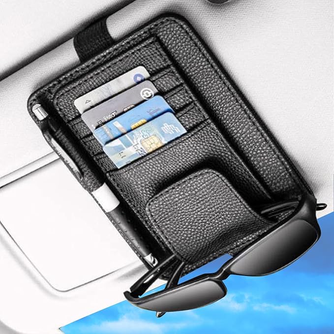Black Small Car Sun Visor Organizer with Clip, Sunglasses Holders for Car Sun Visor PU Auto Interior Accessories Storage Travel Document Holder with Multi Pocket