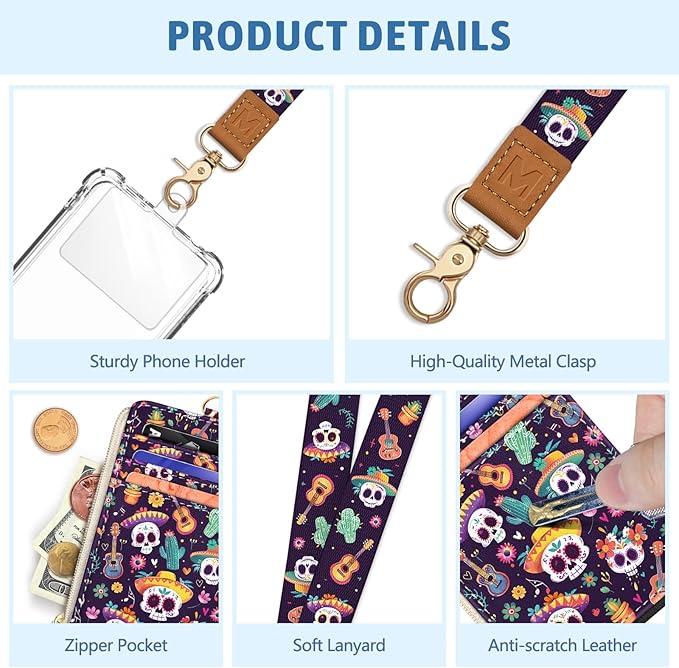 Day of The Dead Lanyard Wallet with ID Badge Holder, Skull Small RFID Wallet Women Keychain Wristlet, Slim Credit Card Holder with Zipper Pocket Phone Lanyard Wrist Strap Name Tag Office Teacher Gift