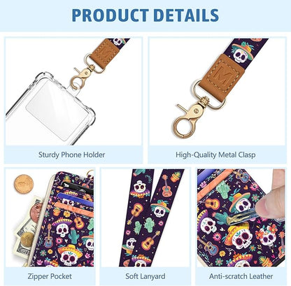 Day of The Dead Lanyard Wallet with ID Badge Holder, Skull Small RFID Wallet Women Keychain Wristlet, Slim Credit Card Holder with Zipper Pocket Phone Lanyard Wrist Strap Name Tag Office Teacher Gift