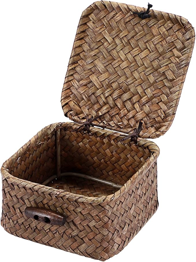 Hipiwe Mini Seagrass Basket Wicker Shelf Baskets with Lid Small Decorative Box Natural Storage Basket for Organizing Key Candy, Home Decor, 3.5"L x 3.5"W x 2"H