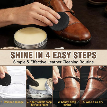 Saddle Soap for Leather with Sponge, All-Natural Leather Cleaner and Conditioner kit to Clean, Condition, Protect & Waterproof, Boots, Bags, Shoes, Furniture, Car & Jackets (4.23 oz)