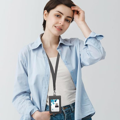 Carbon Fiber Work ID Card Holder with Lanyard is a Stylish and Durable Card Holder with Dual Card Capacity, Clear Display Window and Privacy Back Pocket (Dark Gray)