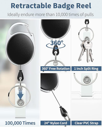 Uniclife 3 Pack Sliding Badge Holder Hard Black Vertical Plastic Card Case Protector with Retractable Badge Reel Carabiner for Office School ID Credit Proximity Key Card Driver’s License and Pass