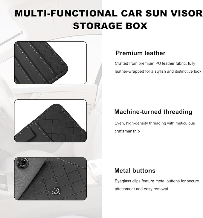 Sun Visor CD Case Holder for Car, Leather Auto Visor DVD Storage Case with Card Slots & Pen Holder, Multi-Pocket Large Capacity CD Layered Organizer for Most Vehicles (Black)