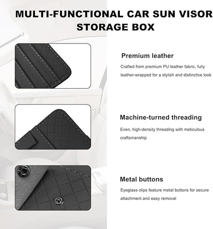 Sun Visor CD Case Holder for Car, Leather Auto Visor DVD Storage Case with Card Slots & Pen Holder, Multi-Pocket Large Capacity CD Layered Organizer for Most Vehicles (Black)