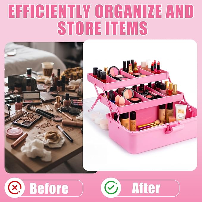 2 Pcs 13 Inch 3-layer Multipurpose Craft Organizers Storage Portable Plastic Tackle Box with Adjustable Spacers and Handled Folding Art Craft Case for Sewing Art Supply Medicine (Pink)