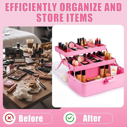 2 Pcs 13 Inch 3-layer Multipurpose Craft Organizers Storage Portable Plastic Tackle Box with Adjustable Spacers and Handled Folding Art Craft Case for Sewing Art Supply Medicine (Pink)