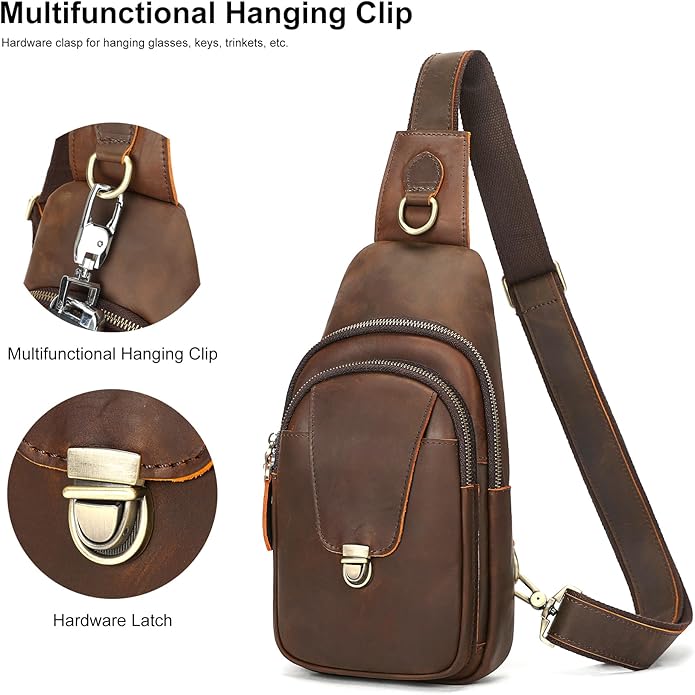 NIUCUNZH Genuine Leather Sling Bag Front Metal-Latch Crossbody Bags Handmade Vintage Chest Shoulder Backpack for Women Men