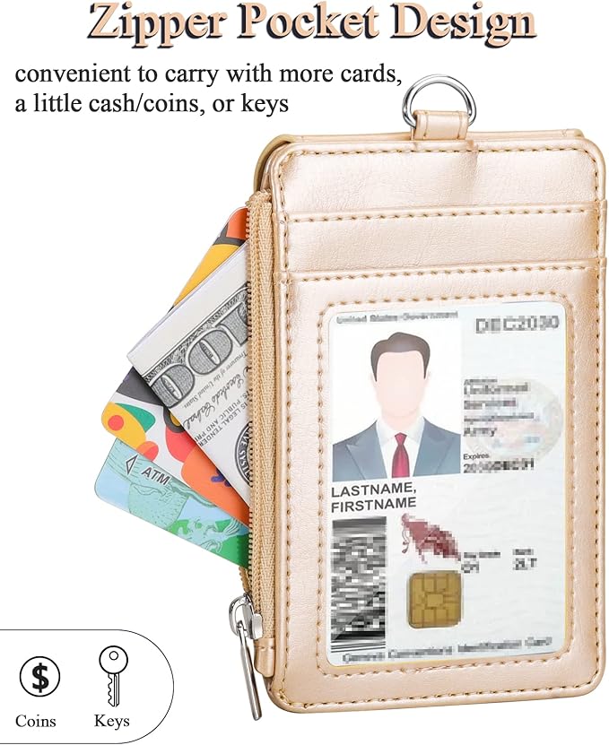 Teskyer Badge Holder with Side Zip Pocket, Multiple Card Slots Leather ID Holder Wallet with Neck Lanyard for Office Staffs, Teachers/Students, Couriers, Workers, Gold