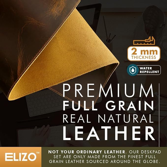Elizo Real Leather Desk Mat Set (32x16) Large Desk Cover Desk Blotter Protector Computer Gaming Mouse Pad Table Laptop Office Desktop Accessories