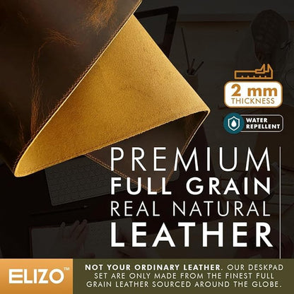Elizo Real Leather Desk Mat Set (32x16) Large Desk Cover Desk Blotter Protector Computer Gaming Mouse Pad Table Laptop Office Desktop Accessories
