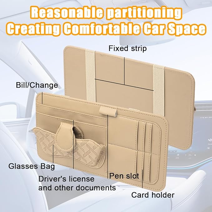 Car Sun Visor Organizer, Leather Multi Pocket Vehicle Visor Storage Pouch for Sunglasses Card License, Multifunctional Auto Interior Organization Accessories, Universal Fit (Beige)