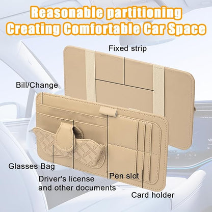 Car Sun Visor Organizer, Leather Multi Pocket Vehicle Visor Storage Pouch for Sunglasses Card License, Multifunctional Auto Interior Organization Accessories, Universal Fit (Beige)