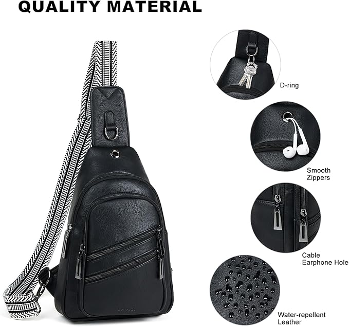 Leresas 7L Crossboydy Sling Bag for Women Vegan Leather Crossbody Purse Fanny Pack Chest Bag for Travel,Black